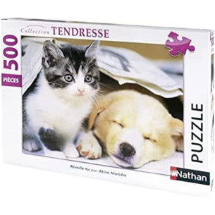 Puzzle 500 pièces - Réveille-toi chat et chien  - NATHAN